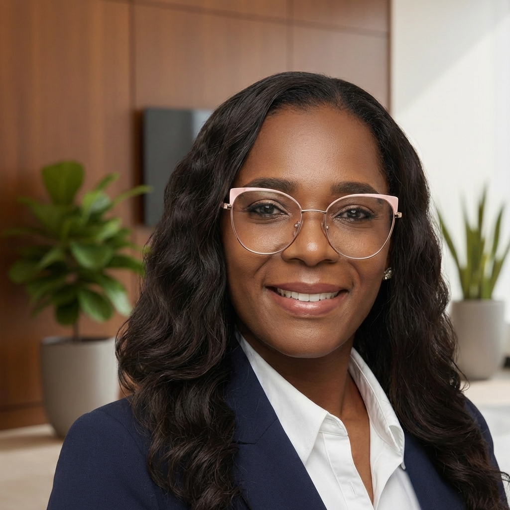 Erika Valencia en un entorno ejecutivo minimalista